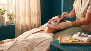 Esthetician giving a hydrating post-summer facial to a relaxed client in a calming teal spa treatment room