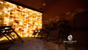 Salt cave at Breathe Easy Wellness in Bethlehem, PA with Himalayan salt walls and reclining chairs for a fall wellness reset