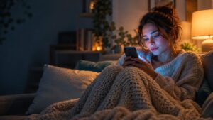 Person using AI therapy chatbot on phone at night, considering talking to a licensed therapist in Bethlehem, PA